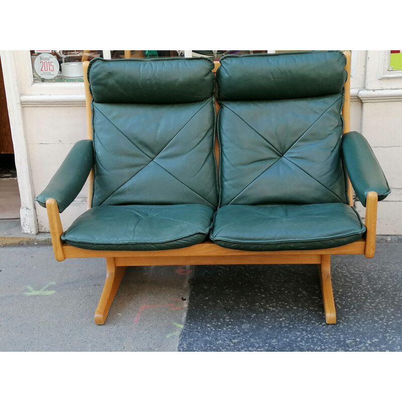 Sofá vintage de 2 plazas de teca y cuero verde de Soda Galvano para Lieb Möbler, Noruega 1970