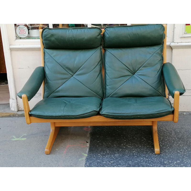 Vintage 2-seater teak and green leather sofa by Soda Galvano for Lieb Möbler, Norway 1970s