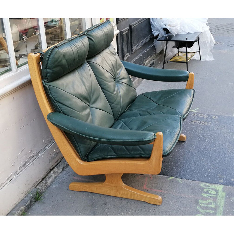 Vintage 2-Sitzer-Sofa aus Teakholz und grünem Leder von Soda Galvano für Lieb Möbler, Norwegen 1970