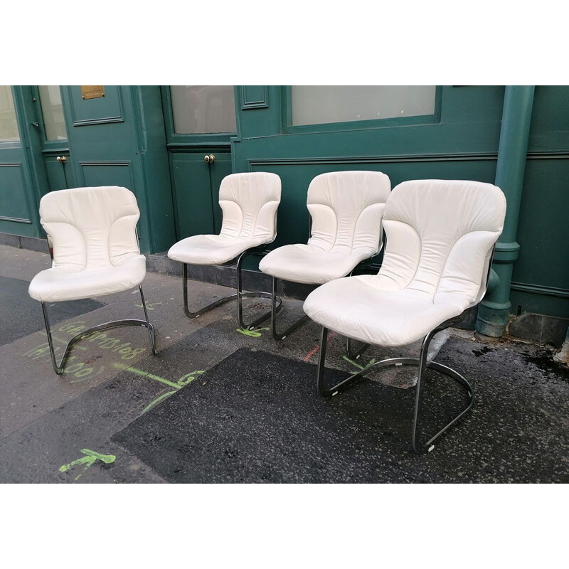 Lot de 4 chaises vintage en cuir blanc modèle No: C2 par Cidue, Italie 1970