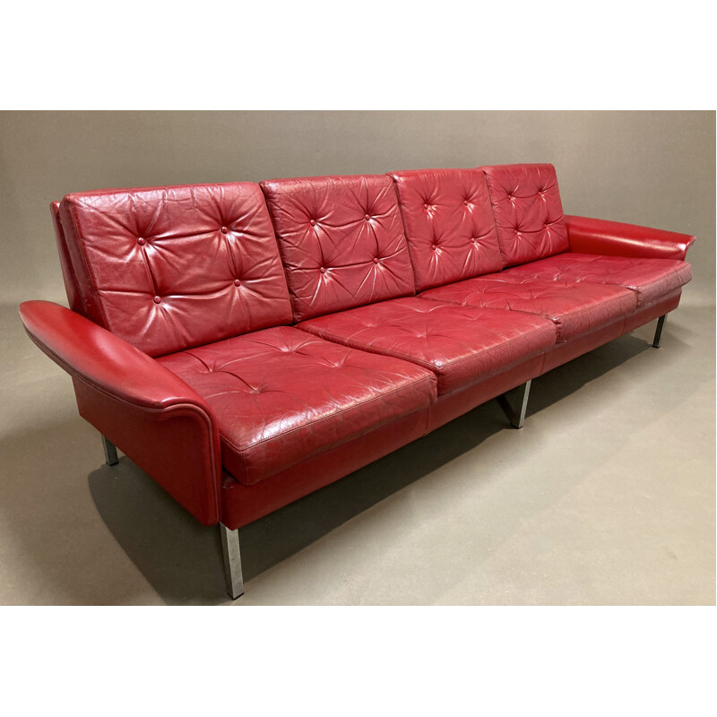 Vintage red leather sofa with 4 seats, 1950