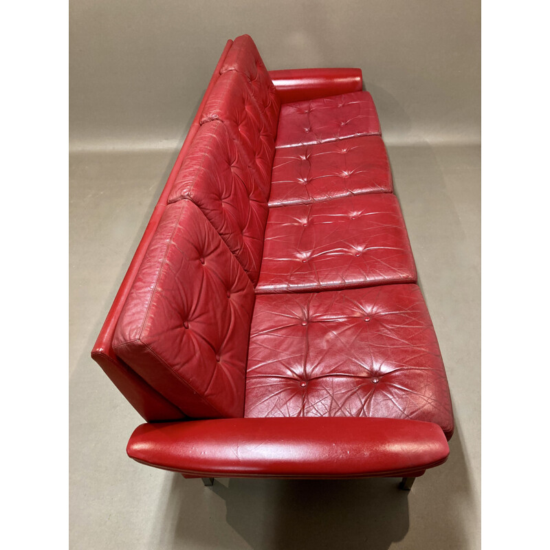 Sofá de 4 lugares em pele vermelha Vintage, 1950