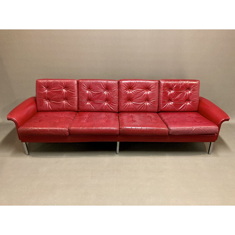 Vintage red leather sofa with 4 seats, 1950