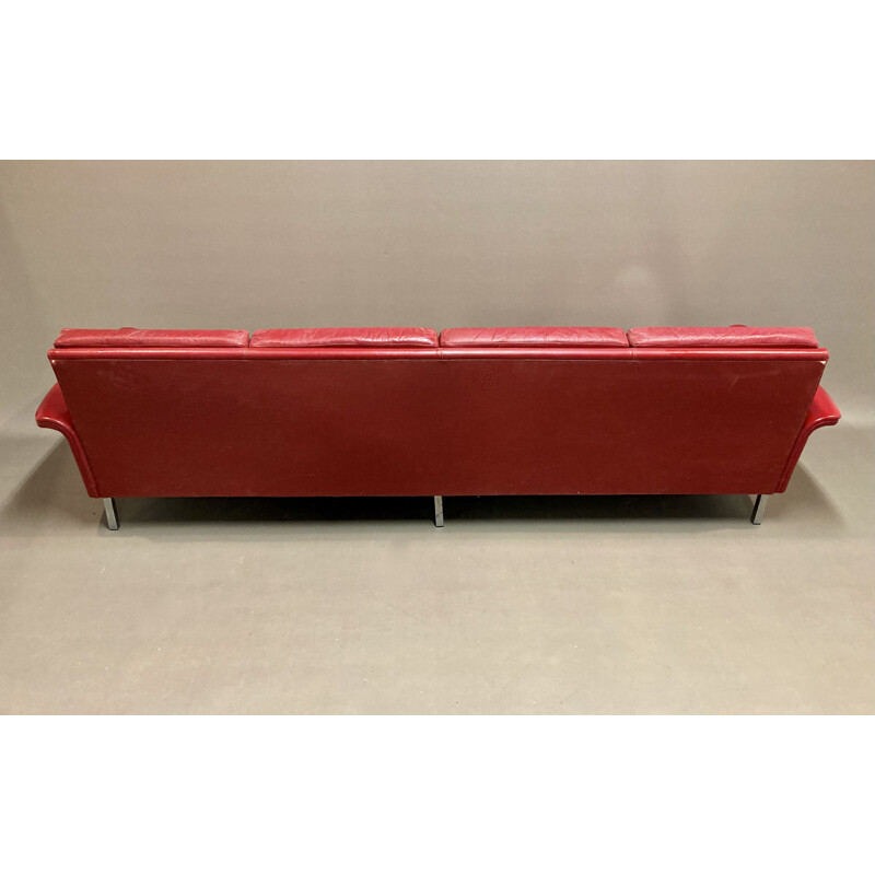 Vintage red leather sofa with 4 seats, 1950