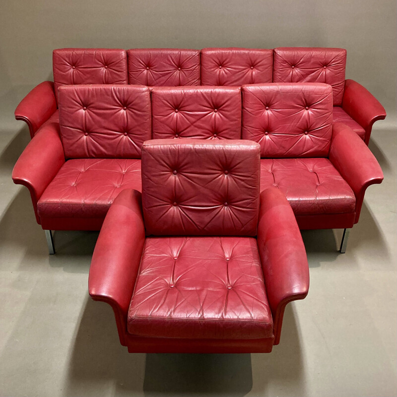 Sofá de 4 lugares em pele vermelha Vintage, 1950