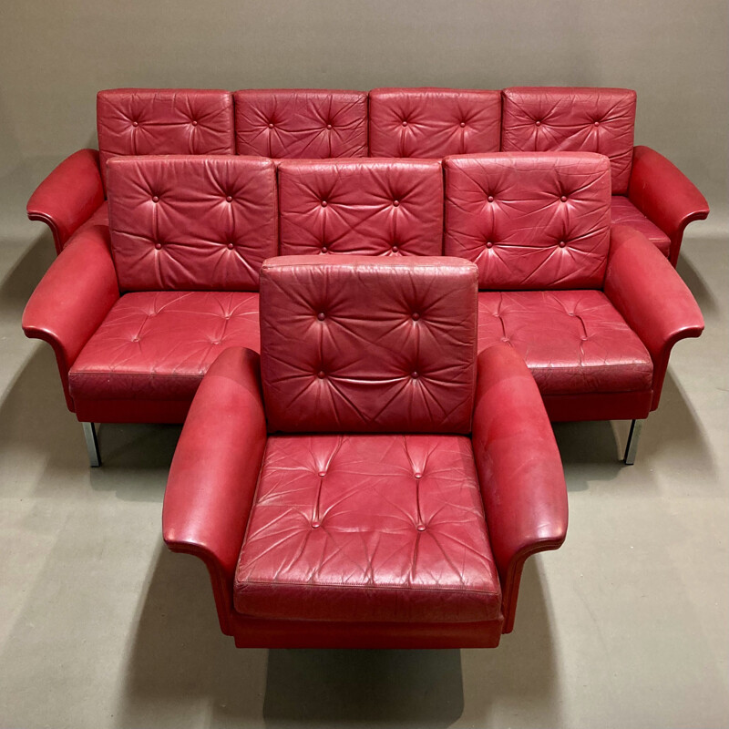 Vintage red leather sofa with 4 seats, 1950