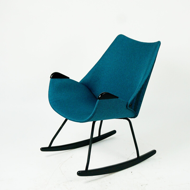 Scandinavian vintage rocking chair with blue fabric, 1960s