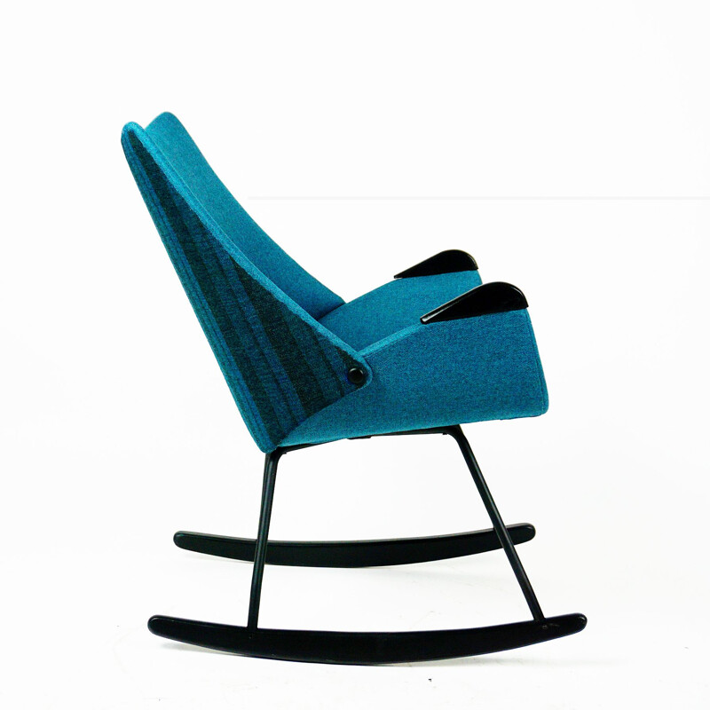 Scandinavian vintage rocking chair with blue fabric, 1960s