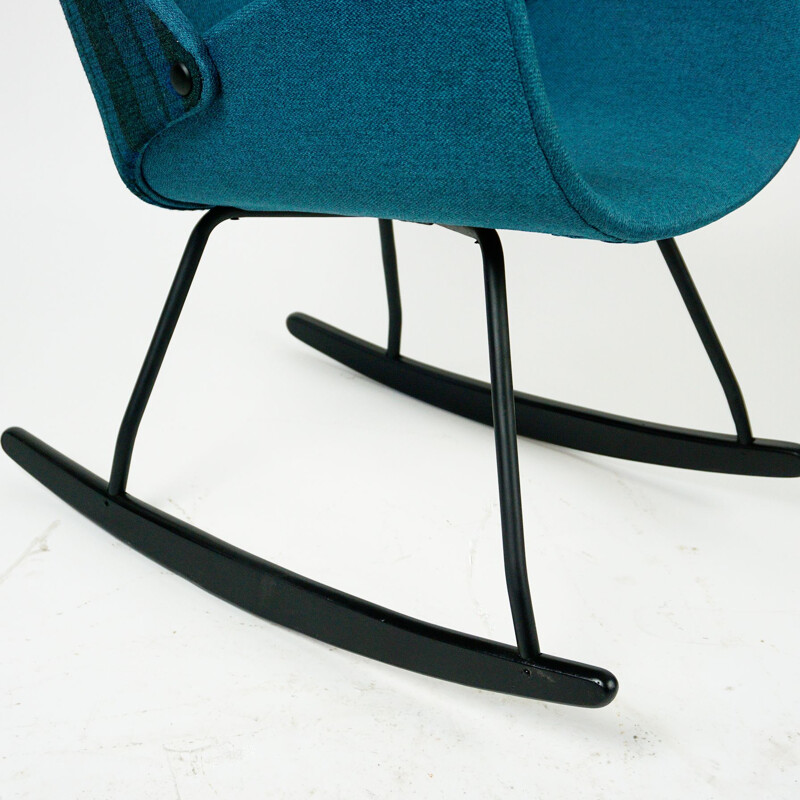 Scandinavian vintage rocking chair with blue fabric, 1960s