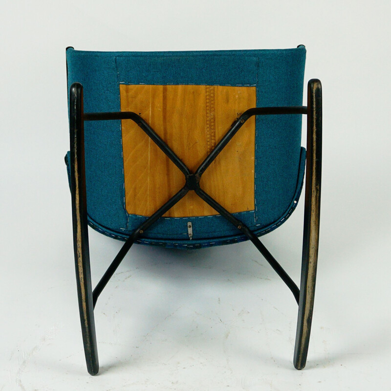 Scandinavian vintage rocking chair with blue fabric, 1960s