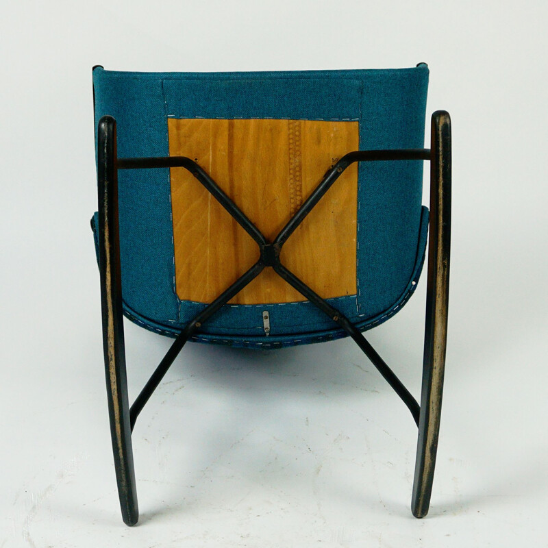 Silla mecedora vintage escandinava con tela azul, 1960