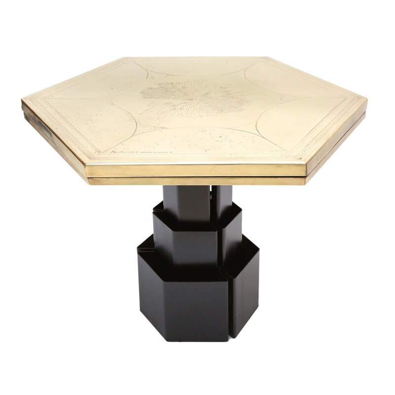 Table hexagonale vintage en laiton et métal laqué de Christian HECKSCHER - 1980