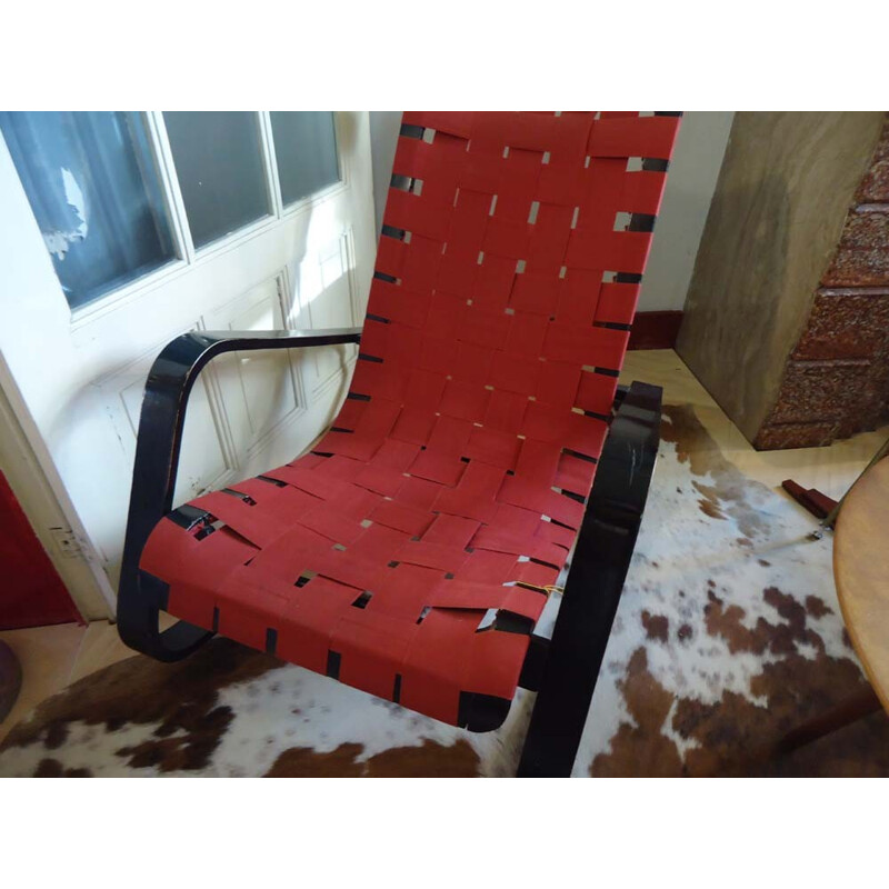 Chaise à bascule "Dondolo" en hêtre laqué et coton rouge, Luigi CRASSEVIG - 1970