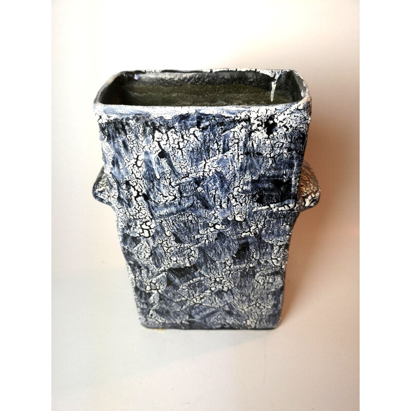 Vintage cracked glaze rectangular ceramic vase by Bela Mihaly, 1970s