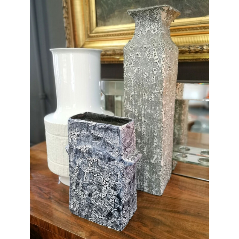 Vintage cracked glaze rectangular ceramic vase by Bela Mihaly, 1970s