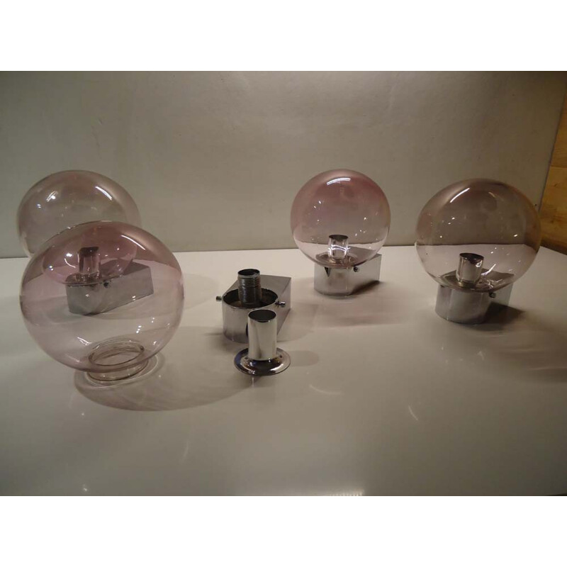 Set of 4 German wall lamps in smoked glass and chromed steel - 1960s