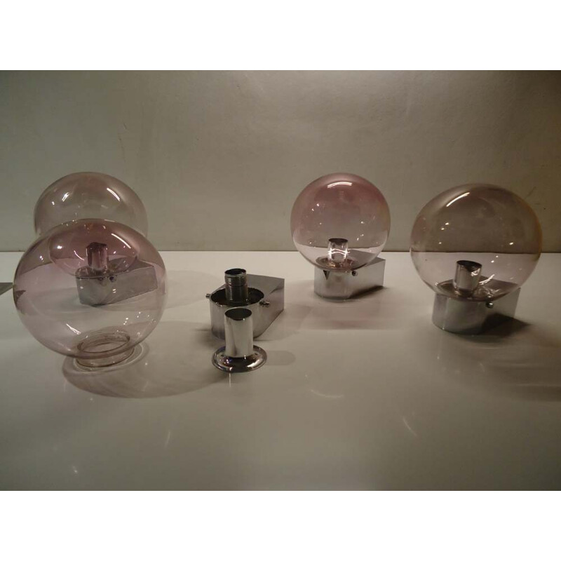 Set of 4 German wall lamps in smoked glass and chromed steel - 1960s