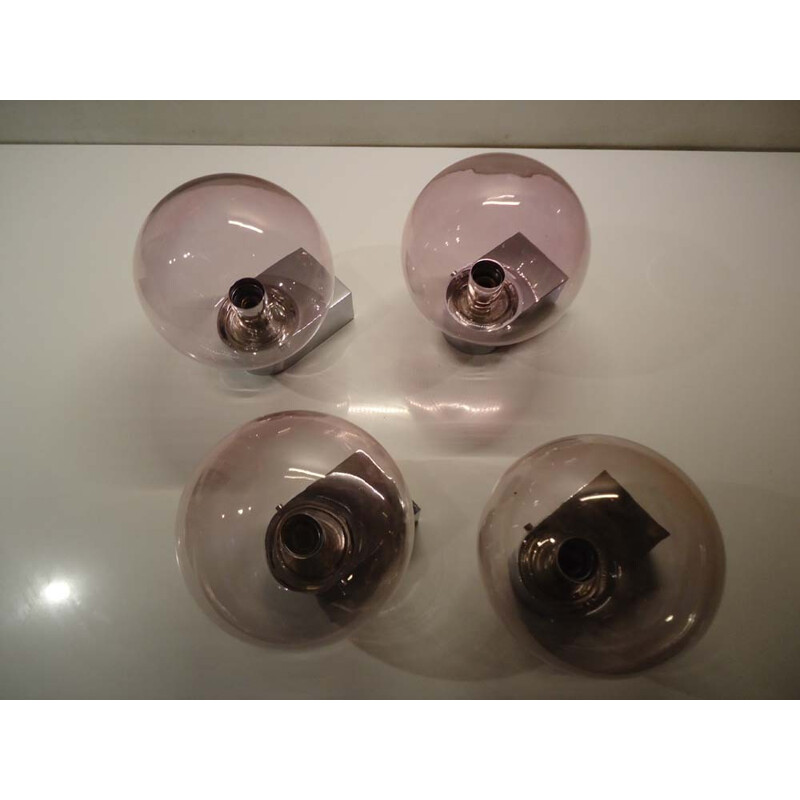 Set of 4 German wall lamps in smoked glass and chromed steel - 1960s