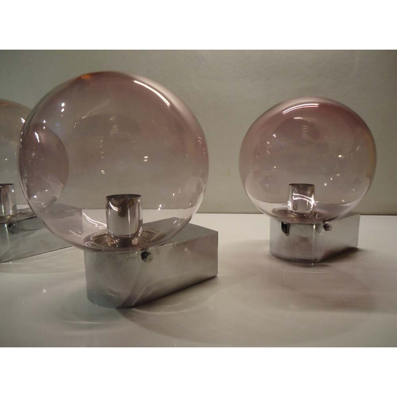 Set of 4 German wall lamps in smoked glass and chromed steel - 1960s