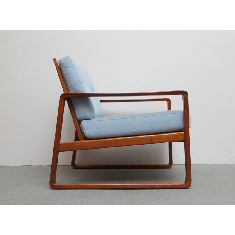 Mid century re-upholstered armchair in teak with light blue fabric - 1960s