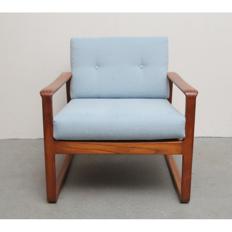 Mid century re-upholstered armchair in teak with light blue fabric - 1960s