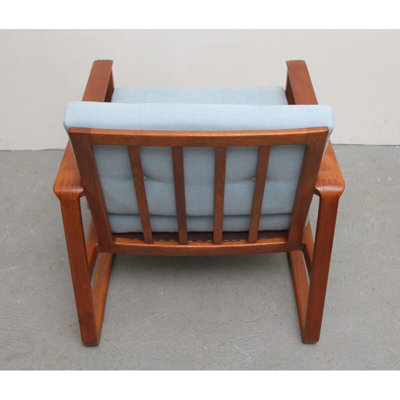 Mid century re-upholstered armchair in teak with light blue fabric - 1960s