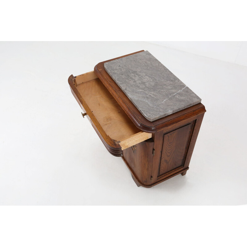 Table de chevet Art Déco vintage en bois et marbre, 1930