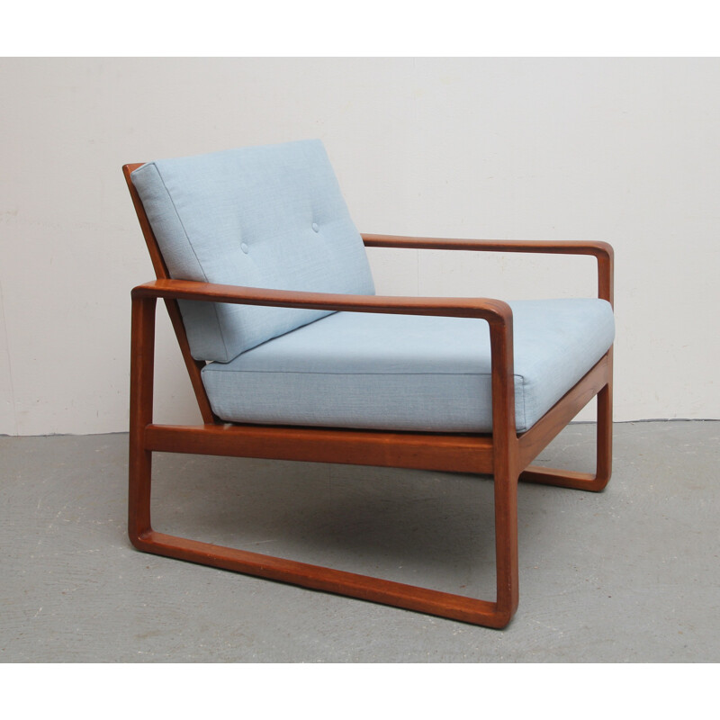 Mid century re-upholstered armchair in teak with light blue fabric - 1960s