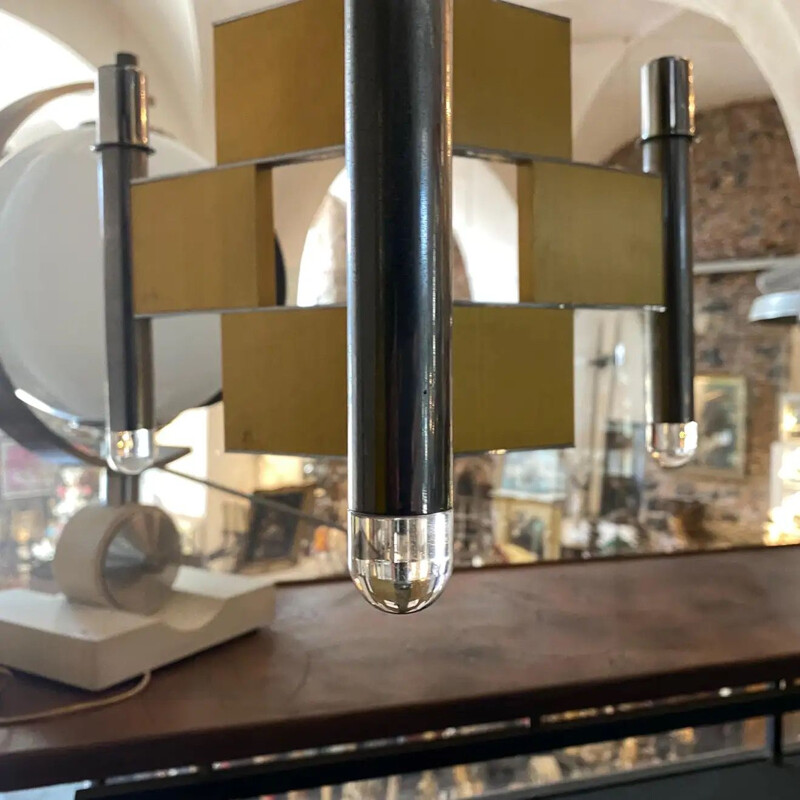 Lámpara de suspensión vintage de cromo y aluminio de Gaetano Sciolari, 1970