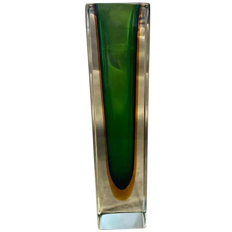 Vintage green and yellow Sommerso Murano glass vase by Mandruzzato, 1970s
