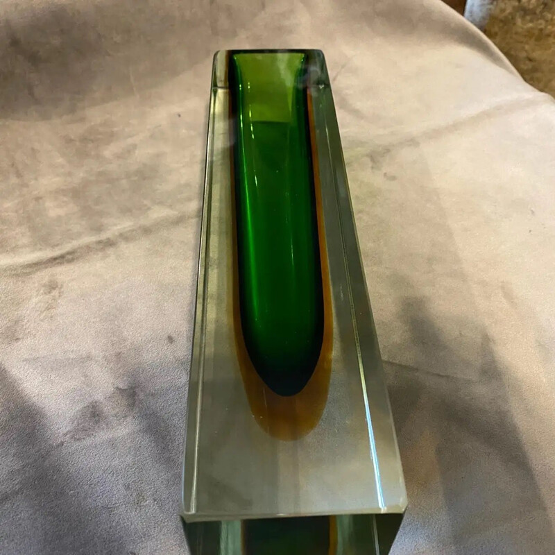 Vintage green and yellow Sommerso Murano glass vase by Mandruzzato, 1970s