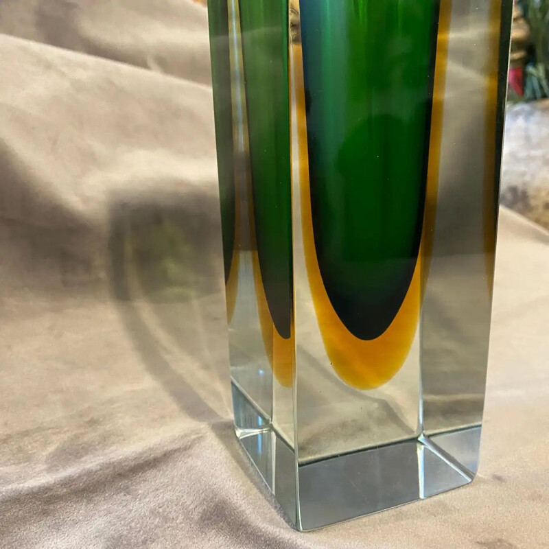 Vintage green and yellow Sommerso Murano glass vase by Mandruzzato, 1970s