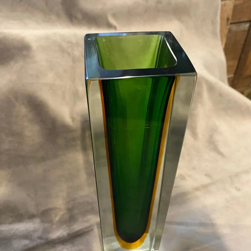 Vaso Sommerso vintage verde e giallo in vetro di Murano di Mandruzzato, 1970