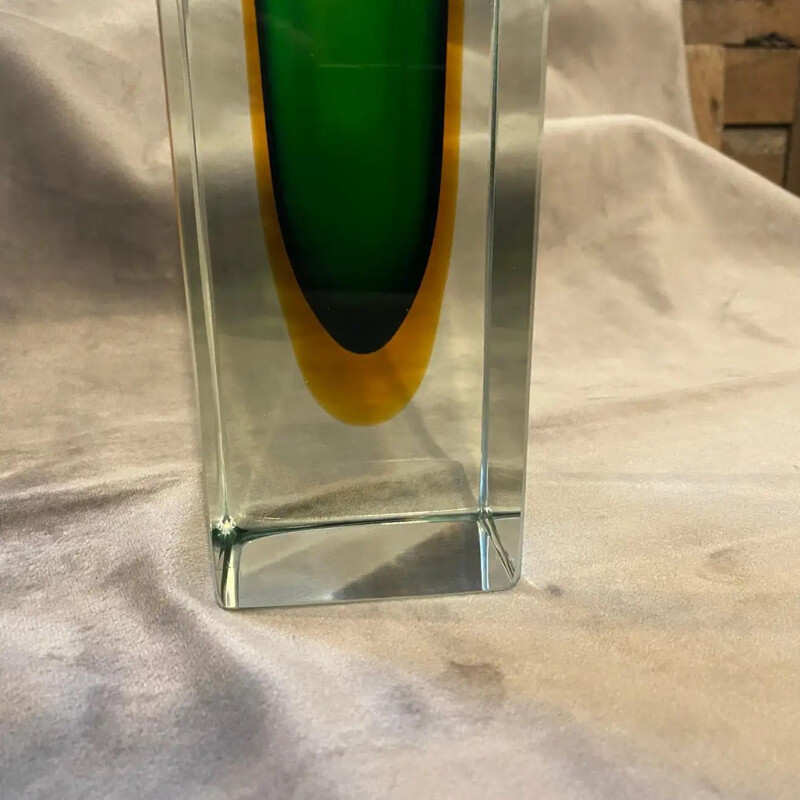 Vaso Sommerso vintage verde e giallo in vetro di Murano di Mandruzzato, 1970