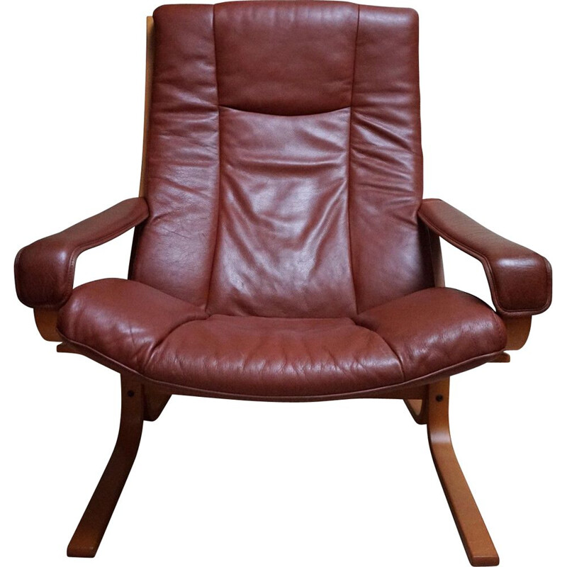 Sillón vintage de cuero y madera de haya de Ingmar Relling para Westnova, Noruega 1970