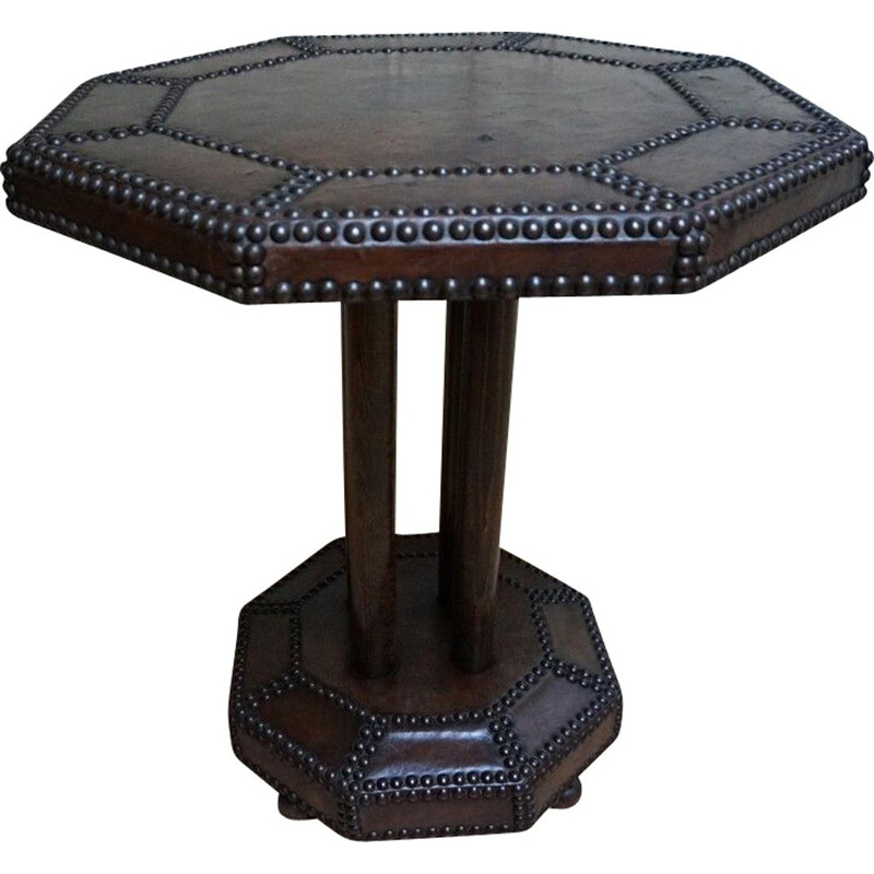 table d'appoint Art Déco vintage française de forme octogonale en cuir brun, 1930