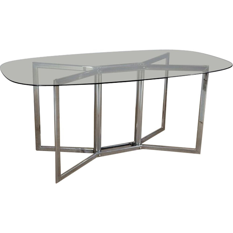 Vintage table in chromed metal and smoked glass, 1970s