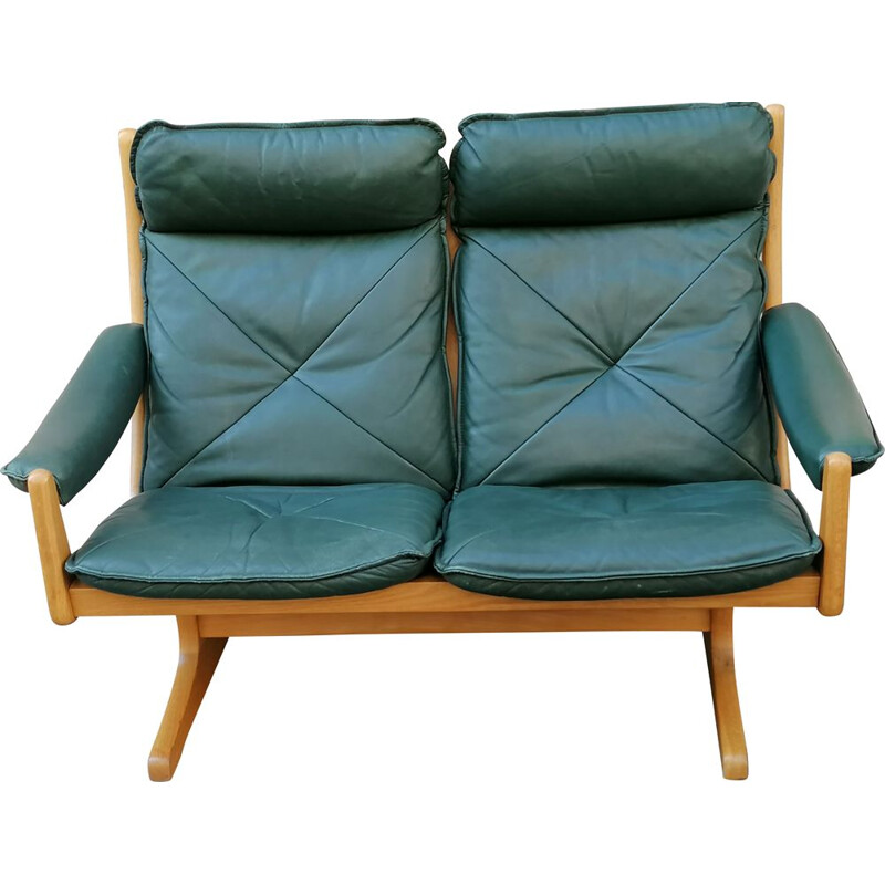 Vintage 2-seater teak and green leather sofa by Soda Galvano for Lieb Möbler, Norway 1970s