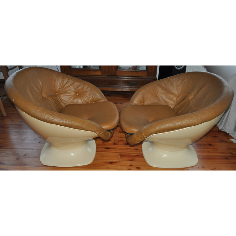 Pair of vintage armchairs in leather and plastic by Raphael Raffel, 1970s