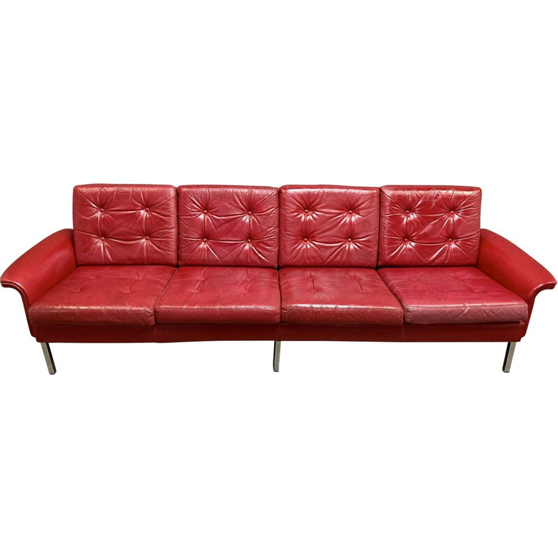 Vintage red leather sofa with 4 seats, 1950