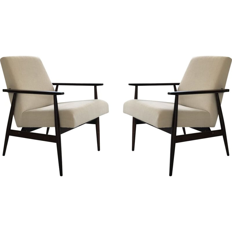 Pair of mid century beige linen armchairs by Henryk Lis, 1960s