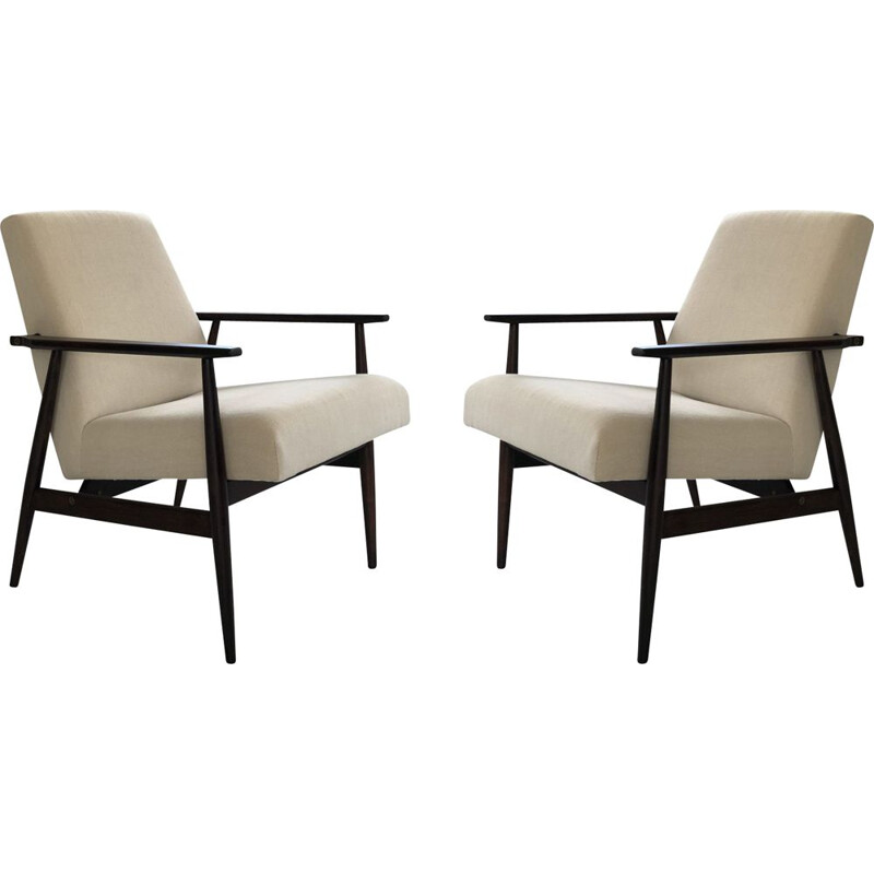 Pair of mid century beige linen armchairs by Henryk Lis, 1960s