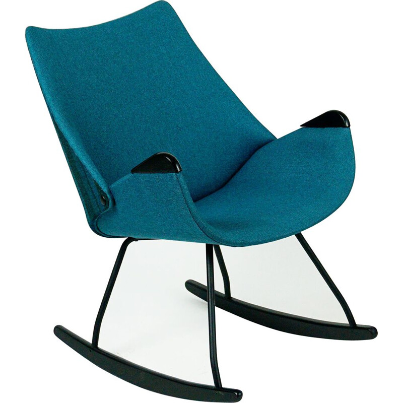 Scandinavian vintage rocking chair with blue fabric, 1960s