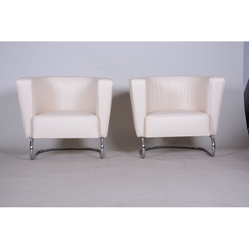 Pair of vintage white leather armchairs by Jindrich Halabala for Up Zavody, 1930