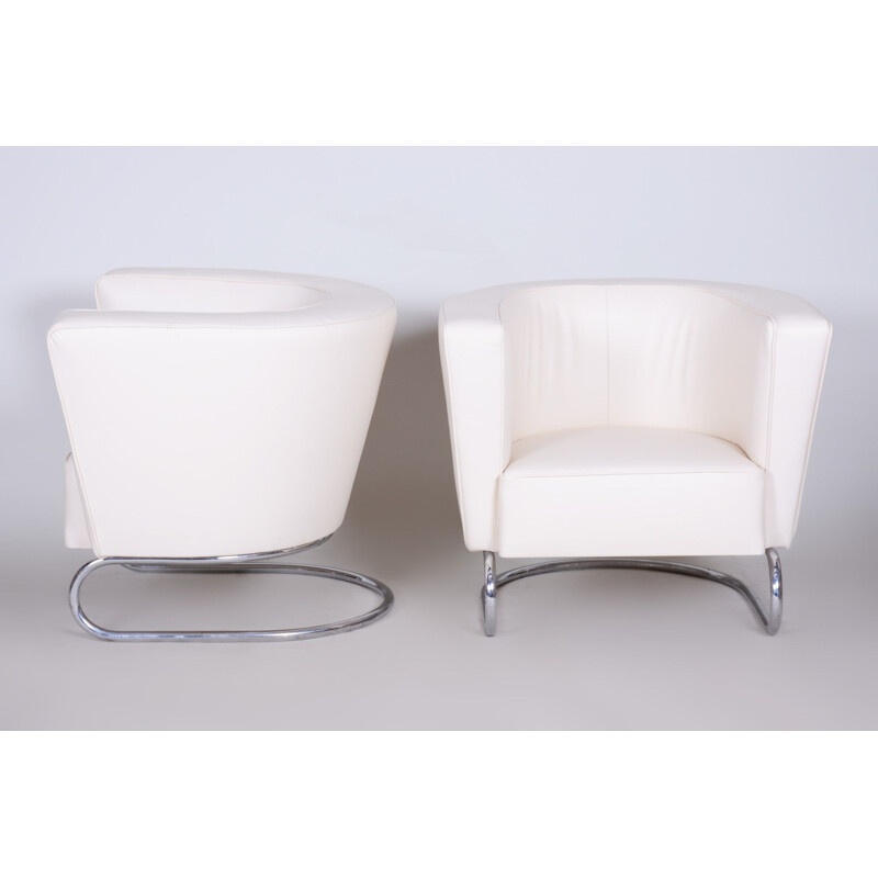 Paire de fauteuils vintage en cuir blanc par Jindrich Halabala pour Up Zavody, 1930