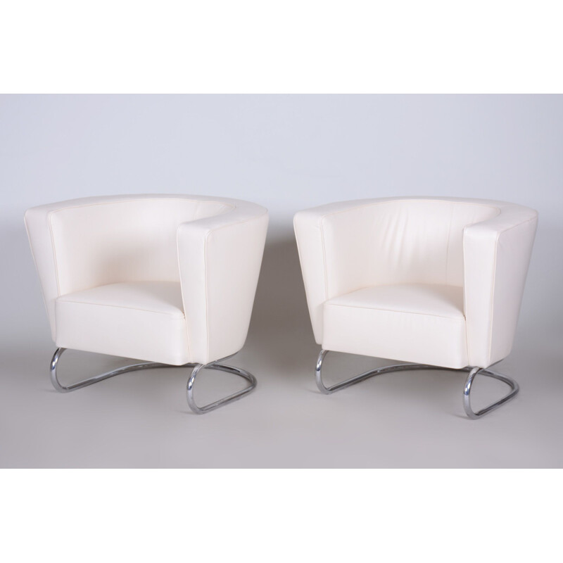 Pair of vintage white leather armchairs by Jindrich Halabala for Up Zavody, 1930