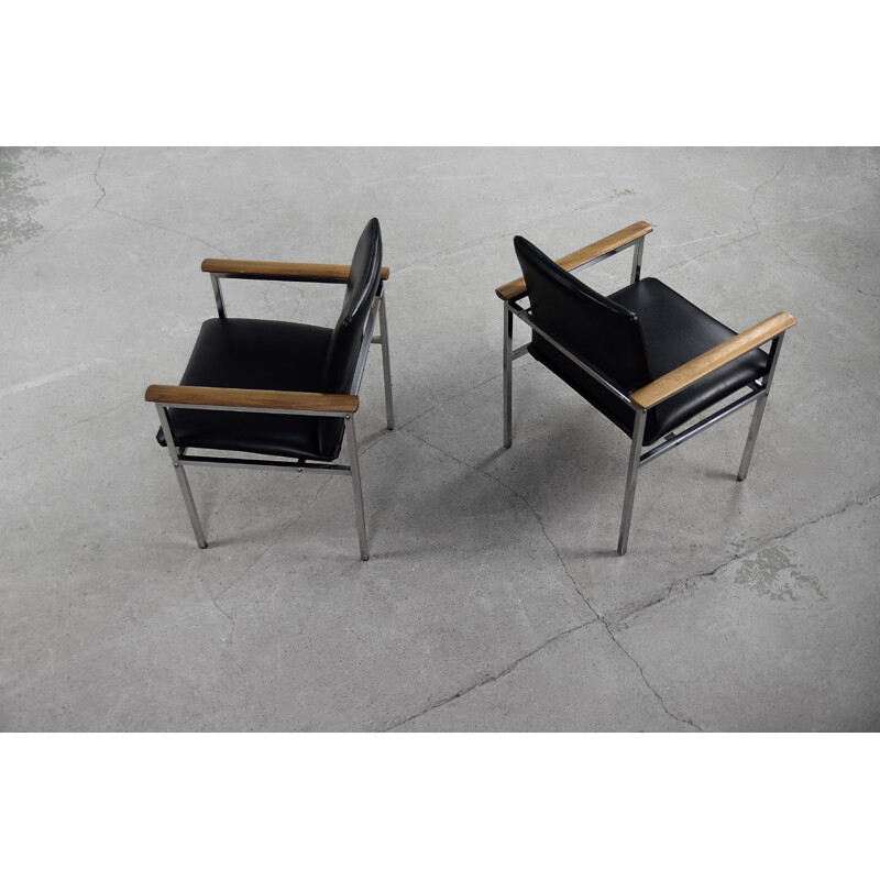 Paar Scandinavische vintage fauteuils in zwart leer van Sigvard Bernadotte voor Frankrijk