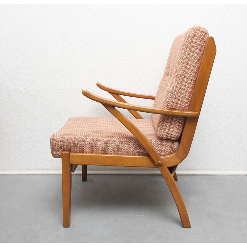 Mid century armchair in solid wood and pastell rose fabric - 1950s