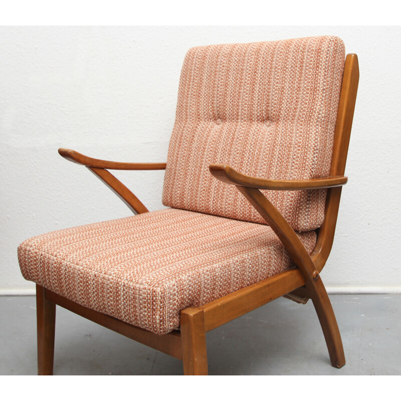 Mid century armchair in solid wood and pastell rose fabric - 1950s