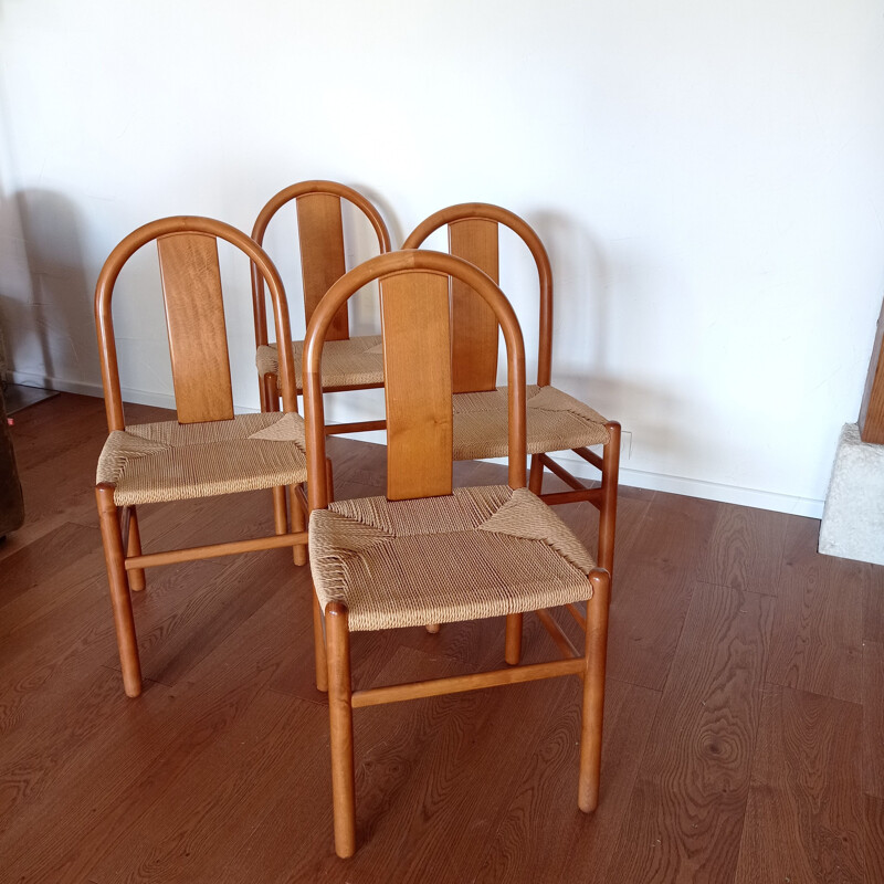 Lot de 4 chaises vintage en hêtre et corde par Annig Sarian pour Tisettanta, 1980